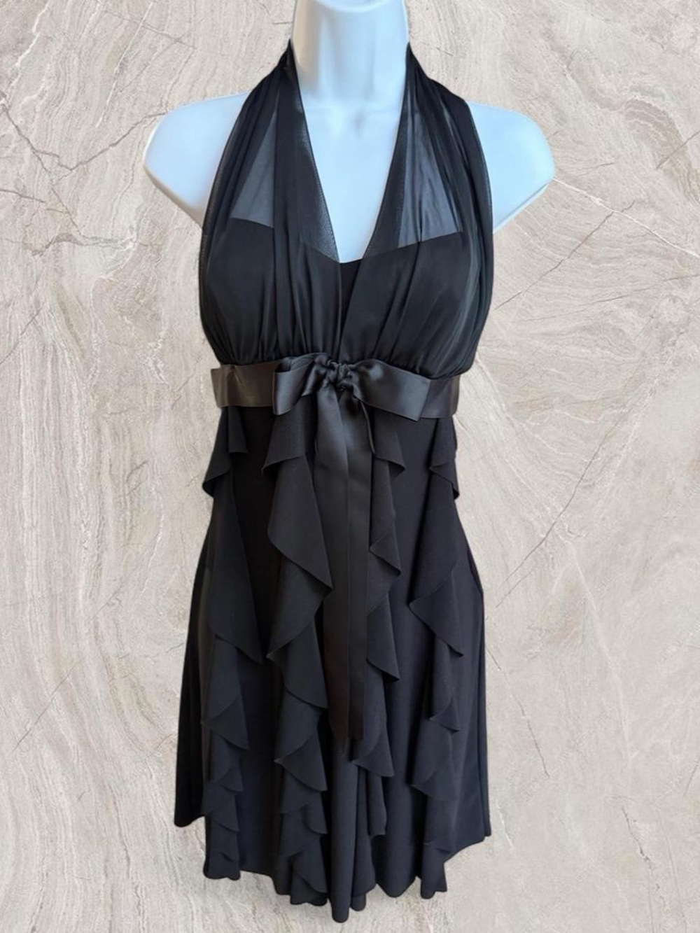 Y2K Dark Feminine Betsy & Adam Black Halter Ruffle Dress